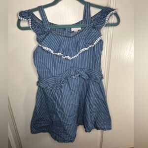 BCBGirls Dress in Denim with White Stripes Off the Shoulder Ruffle Girls Medium